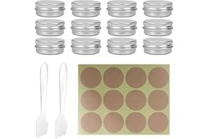 TSUWNO Set 12 Vasetti Alluminio 30ml con Coperchio a Vite e Adesivo Rotondo per Cosmetici, Labbra, Polvere e Crema. Ideali per Viaggi e Campioncini. Colore Argento.