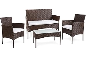 BENEFFITO Tulum - Gartenmöbel 4-Sitzer - 1 Sofa, 2 Sessel, 1 Couchtisch - Wasserabweisende und Abziehbare Kissen mit Reißverschluss - Braun/Beige