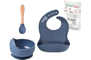 ILONDON Think Baby ® Plastic Free Anti Slip Bowl Bib & Spoon Set - Created in UK - BPA Free Non Toxic - Silicone & Bamboo Weaning Set - Improved Design High Suction - Food Grade Baby Weaning Set 1 Pack