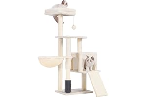Heybly Rascador para Gatos, El Cepillo de Autolimpieza, El Árbol para Gatos Domésticos, con Peluche Liso, Silla de Descanso, Nido de Gatos con Panel y Postes de Raspado, Beige HCT005SM