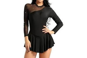 Oyolan Women Adult Ice Skating Leotard Dress Long Sleeves Round Neck Cutout Back Sheer Dance Dress