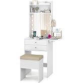 Giantex Compact Dressing Table with Padded Stool and 3 Colors Luminous Mirror, Makeup Table with Charging Station, 2 Drawers
