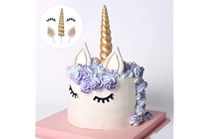 Opret Unicorn Cake Topper, Handmade Gold Unicorn Cake Decoration Reusable Unicorn Horn, Ears and Eyelashes for Birthday Cake