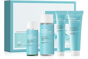 OKAQEE Tea Tree Acne Skin Care Sets & Kits - Salicylic Acid Acne Removal Skincare Set - Teen Skincare Gift Set With Cleanser, Toner, Serum, Cream - Complete Acne Treatment Kit for Oily, Acne-Prone Skin