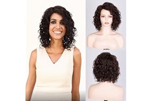 FASHION IDOL Peluca Corta Ondulada con Encaje para Mujer Pelo Humano Enredado Peluca Rizada Peluca con raya al lado Longitud del Hombro