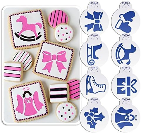 ART Kitchenware 8pcs Christmas Cookie Stencil Set Icing Royal Stencil Tool Gloves, Gift Box,Sleigh,Wooden Horse Stencils for Cake ST-854 Beige/Semi-Transparent by Art Kitchenware