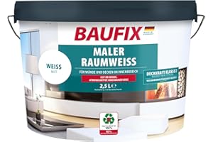 BAUFIX Maler-Raumweiß weiss, matt, 2.5 Liter, Weiße Wandfarbe, mit hoher Deckkraft, Innenfarbe mit Deckfähigkeit Klasse 2, für Wände und Decken
