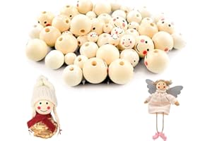 RHYS 100 Pezzi Palline di Legno con Faccine, Perline di Legno con Viso, Palline Legno con Foro, Perline di Legno Naturale per La Testa di Bambola, Portachiavi,Angelo (12mm,14mm,16mm,20mm,25mm)
