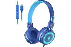 KONNAO Kinder Kopfhörer für Schule, USB Typ C Kinder Kopfhörer mit LED-Leuchten, verdrahtete Jungen Mädchen Kopfhörer mit Safe Limiter 85dB/94dB, Faltbare On Ear Kopfhörer mit Mikrofonen für Schule