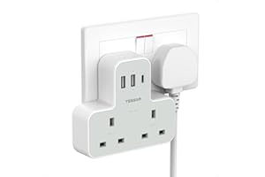 Plug Adapter with 3 USB Ports, TESSAN Double Plug Adaptor UK, 2 Way MultiPlug Extension with USB Charger, Slim Power Extender for Office, University Essentials