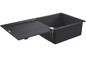GROHE K500 - Quartz Composite Kitchen Sink with Drainer (Reversible Top Mount, Overflow and Automatic Waste Fitting with Rotary Handle, 1 Bowl 48 x 44 x 20 cm), 100 x 50 cm, Granite Black, 31645AP0