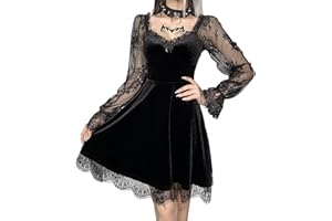 DINGJIUYAN Goth Retro Court Lace Lantern Long Sleeve Hollow-Out O Neck Pure Black Temperament Velvet Midi Dress