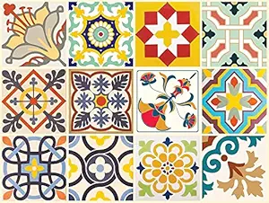 WALLTON - Moroccan Tile Stickers for Kitchen Backsplash Bathroom Floor Wood Glass Stick Home D cor Furniture (Multicolor, 4x4 Inch 36 pic)