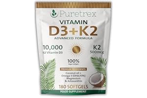 PURETREX Vitamin D3 + K2 Softgels | High-Strength D3 with MK-7 | Omega-3 DHA/EPA, Astaxanthin, Black Seed Oil, Algal DHA, Immune & Bone Health Support | 180 Softgels