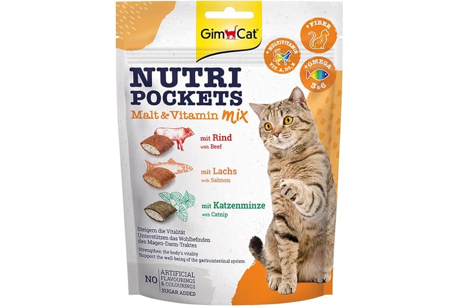 GimCat Nutri Pockets mezcla de malta y vitaminas - Snack crujiente para gatos, con relleno cremoso e ingredientes funcionales