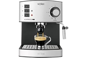 Solac CE4480 Espresso 19 - Machine à expresso 850W, 19 bars, Réservoir 1,2L, pour dosette et moulu, 2 tasses, arrêt automatique, Buse vapeur, Inox