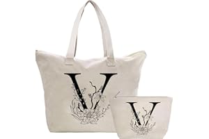TOOZEN Personalizadas Bolso Tote de Mujer con Inicial, Bolsa de lona con Bolsillo Interior, Bolsa de Compras con Bolso de Cosméticos, Regalos para Damas Mejor Amigas Mamá, Regalo Cumpleaños Navidad V