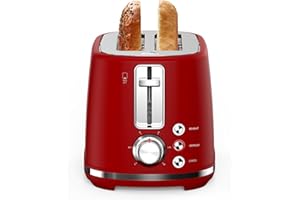 LONGDEEM 2-Slice Toaster 1.5" Extra Wide Slot Stainless Steel with High Lift Lever, 6-Shade Settings & Reheat/Defrost/Cancel Function, Removal Crumb Tray, Under Base Cord Storage, Red