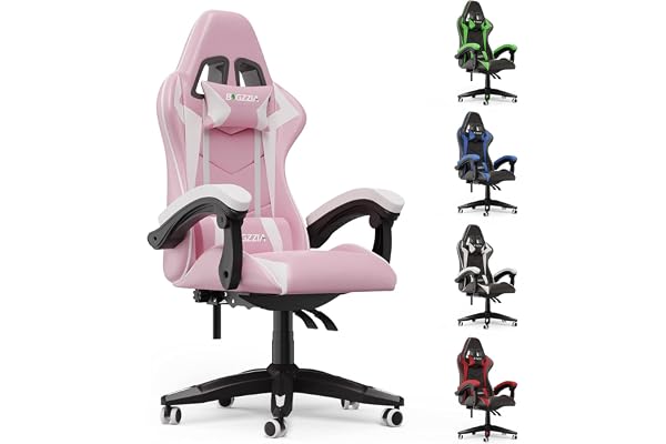 bigzzia Chaise Bureau Chaise Gaming Ergonomique en PU Cuir, Hauteur Réglable, avec Coussin Lombaire et Appui-Tête, Fauteuil Gamer Confortable pour Adultes, Filles et Garçons (Blanc et Rose)