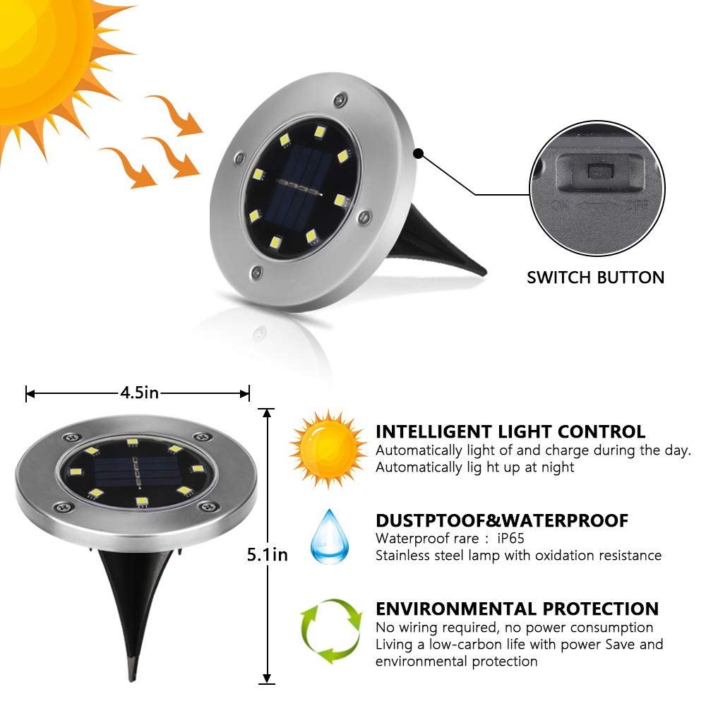 【8 Stück 8 LEDs 】Solarleuchten Garten, Nasharia Solar Bodenleuchte Solar Gartenleuchten Helles Weiss Solarlampen IP65 Wasserdichte Bodenstrahler Licht Garten Landschaft Beleuchtung für Auffahrt Rasen – Bild 3