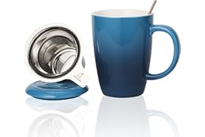 Candiicap Tazza da Tè in Ceramica con Infusore, Cucchiaio e Coperchio, 385ml, Tazza con Filtro da Tè Grande per Tè, Caffè, Latte-Adatto al Microonde e alla Lavastoviglie (385ml,Blu Navy)