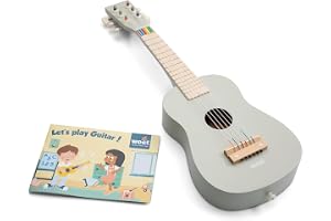Woet Beige leksaksgitarr i trä med 6 nylonsträngar | Leksaksinstrument, Gitarr för barn, Axelrem, Reservsträng och notbok, Rytm- och melodilek, Från 3 år