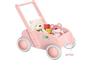 ITSLIFE Trotteur Bébé en Bois, Chariot de Marche Bebe pour Garçons et Filles, Pousser et Tirer Baby Walker, Trotteur avec Roues, Cadeau pour Anniversaire Noël, Rose
