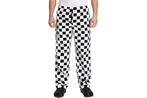 Nideen Men’s Black and White Checkerboard Print Chef Trousers with Elastic Waist Drawstring Baggy Chef Uniforms