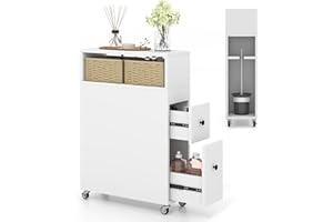 COSTWAY Wózek wnękowy z rolkami, szufladami, koszami wiklinowymi i uchwytami na szczotki, wąska szafka łazienkowa, wolnostojąca, szafka wnękowa do łazienki, kuchni, 50 x 19 x 72 cm (biały)