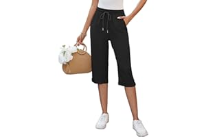 Auffortria Damen Leinen Sommerhose 3/4 Casual Leichte Baumwolle Leinenhose Bequeme Luftige Locker Freizeithose Strandhose Mit Taschen