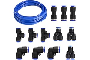 FANGKUN Lot de 12 raccords rapides à pression de 8 mm pour kit de raccordement, raccords rapides à air (L+I+T+T+Y) + tuyau pneumatique en polyuréthane de 10 m, bleu