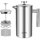 OZAVO Kaffeebereiter 1L French Press Edelstahl Thermo mit 5 Edelstahlfilter Doppelwandig Isoliert System mit Zweilagiger Kons