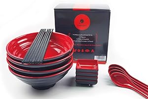 balibetov Set Vajilla Japonesa de 16 piezas- Incluye 4 Cuenco Ramen, Palillos, Cucharas y Pequeño Plato para Salsa - Cuencos Japoneses Ideales para Comida Japonesa, China, Coreana o Pho-4 sets, 16pzs