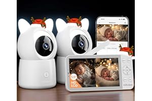 CZEview Babyphone Caméra 2K & Ultra Grand Moniteur HD 5,5", Qualité d'image au Top, 360°, APP, Veilleuse & Musique, Vision Nocturne, Caméra Bébé, Détection & Alerte (2 Caméras Blanches)