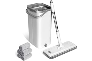 ‎MASTHOME Masthome Wischmopp Set mit Eimer,2 in 1 Putzeimer mit Wischmop, Bodenwischer Set mit Einstellbar Edelstahlgriff und 5 Mikrofaser Moppkopf, Hand-Frei Wischmop mit Auswringfunktion für Alle Böden,Weiß