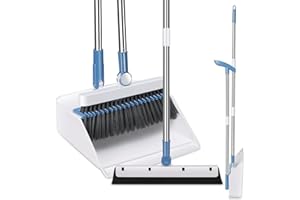 MASTERTOP Set Scopa e Paletta a Manico Lungo, Paletta Verticale Pieghevole 180°con Scopa Inox e Spatola, Spazzola Interni Salvaspazio e Paletta con Denti a Pettine per Pulizia di Casa (Bianco & Blu)