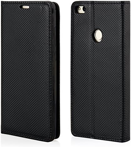 QULT® Bookstyle Handy Tasche für Huawei P9 Lite 2017 Schwarz Flip Case Magnetverschluss Book Cover mit Kartenfach und praktischer Aufstellfuntkion das innere Gummi Silikon Schutz Hülle
