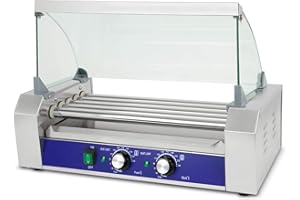 VERTES Hot Dog Maker in acciaio inox 1000W, macchina per hot dog con 5 rulli e 2 zone di riscaldamento, griglia professionale per salsicce, vassoio di sgocciolamento e temperatura di 50-250°C
