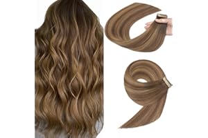 YDDM - Adhesivo para extensiones de cabello natural, 20 unidades, 35 cm, 40 g, marrón chocolate, mezclado con rubio y caramelo (14 pulgadas, 4/27 #)