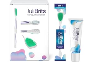 Kit per la pulizia della lingua JuliBrite | 1 Gel per lingua (50 ml) + 1 Pulisci lingua | Aiuta a contrastare l'alito cattivo (alitosi) | Alito fresco | Raschietto lingua | Pulisci lingua