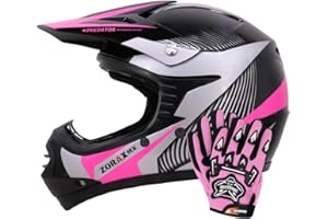 Zorax ZOR-X19 Pink L (53-54cm) PREDATOR Kids Motocross Motorbike MX Helmet ECE 2206 & Gloves L(7cm)