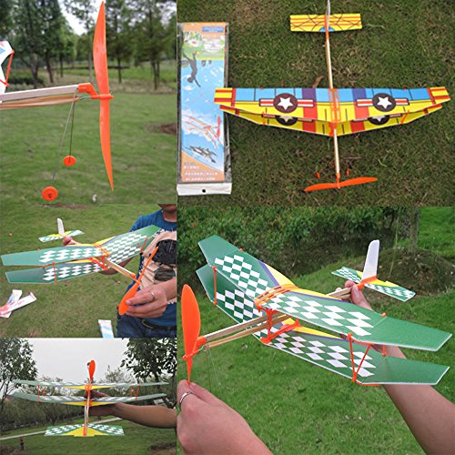HuntGold DIY Plane Rubber Band Powered Biplane Aircraft Baby Kids Outdoor Assemble Toy Kit Random Colour