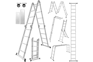 Yakimz Escalera multiusos de aluminio, 4 x 4 peldaños, 470 cm, plegable, con 2 placas de andamio y 2 ruedas, 16 peldaños, carga máxima de 150 kg
