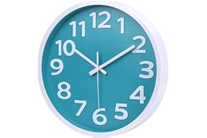CROSSTIME 25cm Modern Wall Clock, Non Ticking Quality Quartz Silent Wall Clocks for Bedroom Living Room Kitchen Office Decor,Big 3D Numbers Easy to Read,Aqua