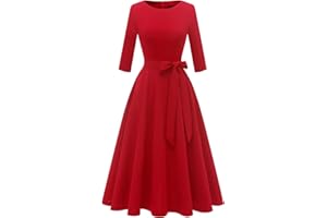 DRESSTELLS Damen Rockabilly Kleider Rund-Ausschnitt 3/4 Arm Festlich Kleid Retro Vintage Swing A-Line Midilang Cocktailkleid