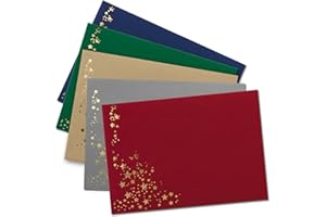 NEUSER PAPIER 25 sobres navideños DIN C6, con lluvia estrellada en relieve dorado metálico, mezcla de colores, 5 unidades de cada color, adhesivo húmedo, 114 x 162 mm