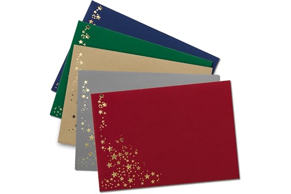 Lot de 50 enveloppes de Noël, format C6, avec pluie d'étoiles dorées et métallisées en relief, mélange de couleurs 1, papier kraft, 10 pièces par couleur, collage humide, 114 x 162 mm