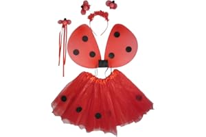Tante Tina Marienkäfer Kostüm Mädchen - 4-teiliges Mädchen Kostüm Marienkäfer mit Tüllrock, Flügel, Zauberstab und Haarreif - Rot/Schwarz - geeignet für Kinder von 2 bis 8 Jahren