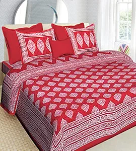 UNIBLISS Premium 100% Pure Cotton Rajasthani Jaipuri Traditional King Size Double Bed Bedsheet with 2 Pillow Covers (Red)