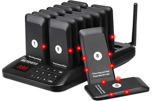Retekess TD157 Système de Bipeur, Bipeur Restaurant, 500M, 20H de Travail, Signal Peut Traverser Les Murs, Facile à Utiliser, Système d’Appel sans Fil pour Clinique, Hôtel, Logistique (16 Bipeur)